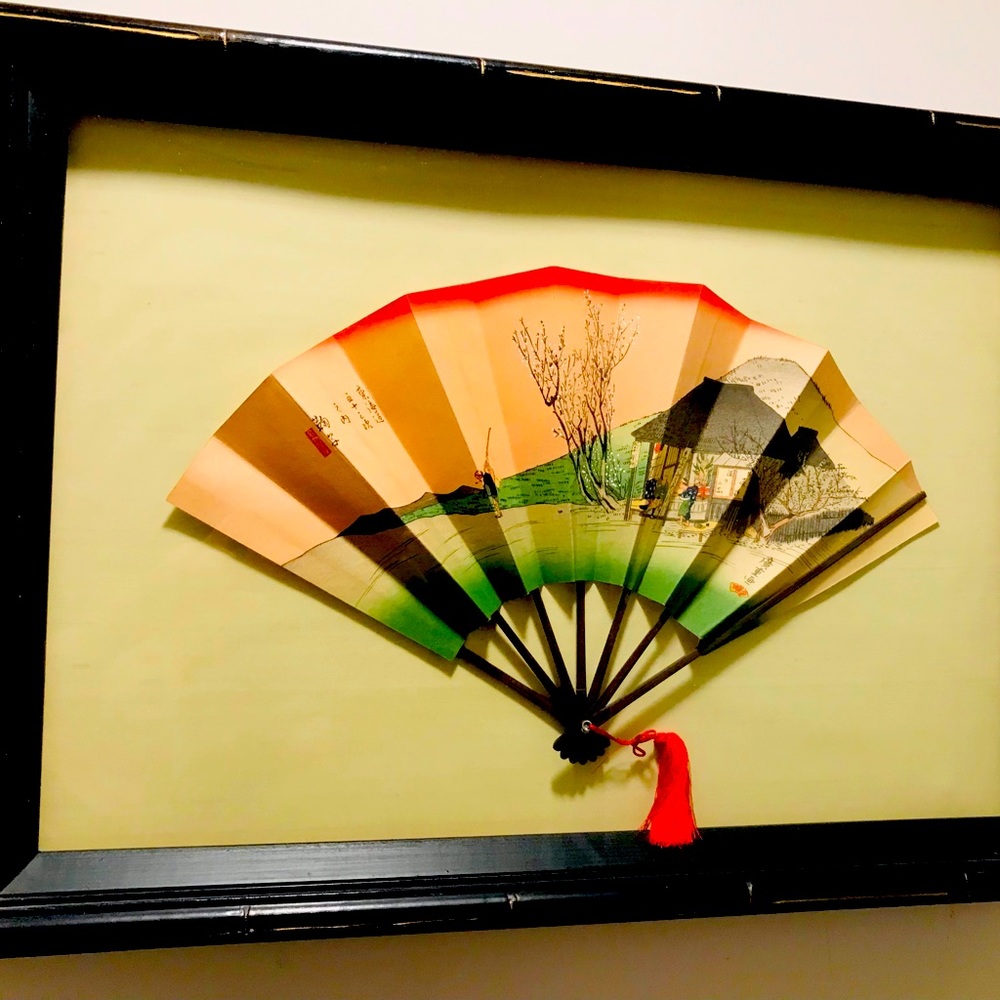 Vintage From 1950’s Japanese Folding Fan Hand Painted “Tea House” Signed Framed